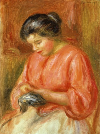 Mädchen in Rot, beim Stricken von Pierre Auguste Renoir